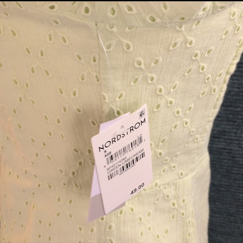 BP Eyelet Mini-Dress, Button Front Puffed Sleeves Lemon Lime Color - Picture 5 of 12